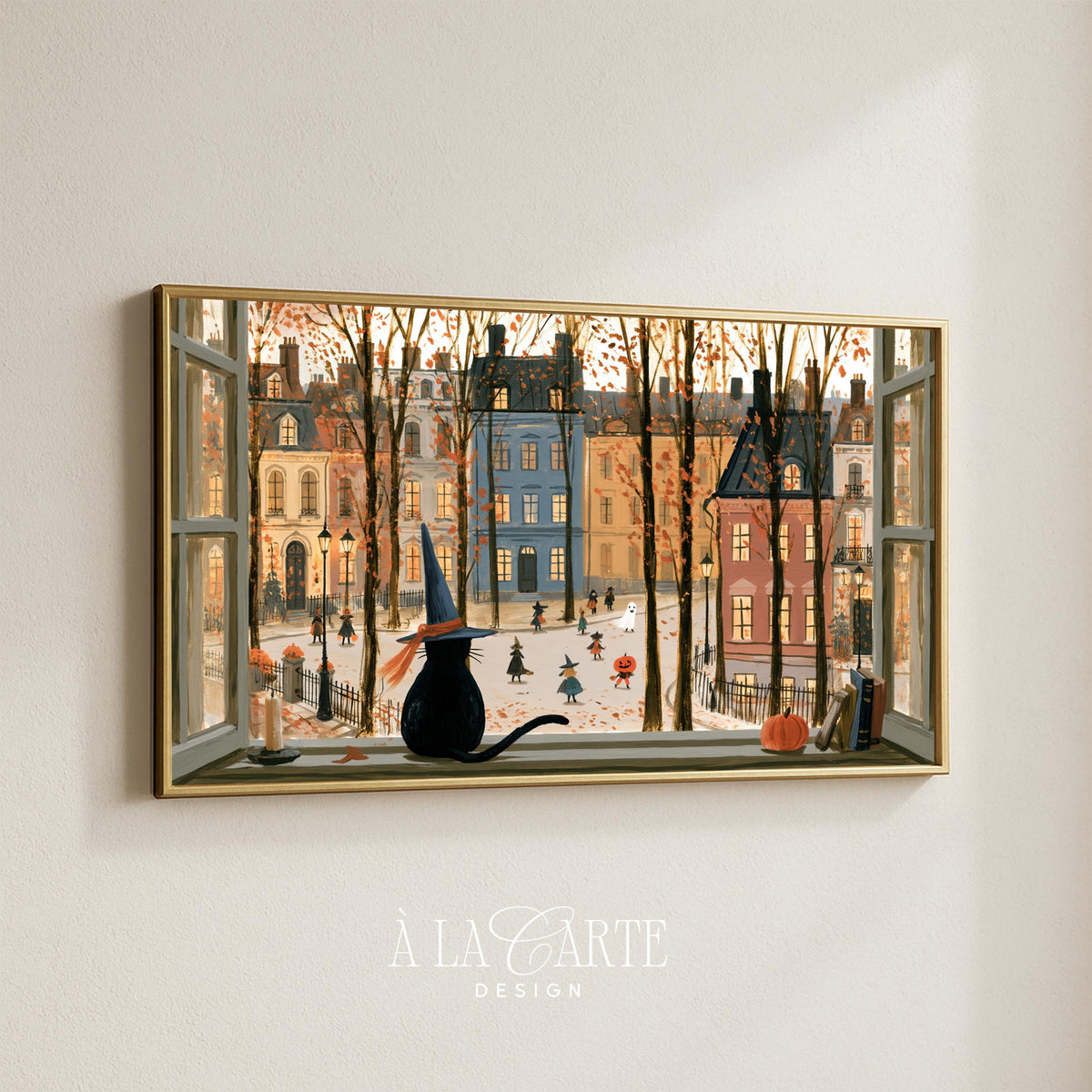 Black cat in witch hat Frame TV art for living room — folk art painting with autumn village scene and golden dusk lighting
