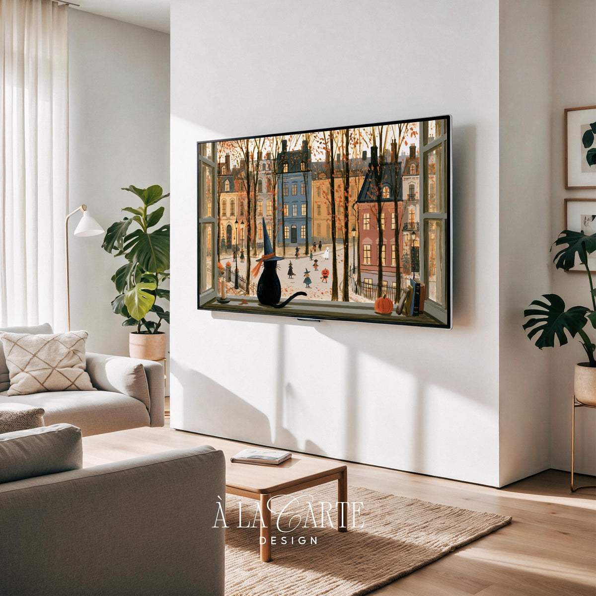 Festive cat Samsung 65 art TV display — fall-themed Frame TV painting with textured brushwork, colorful row houses, and magical dusk atmosphere