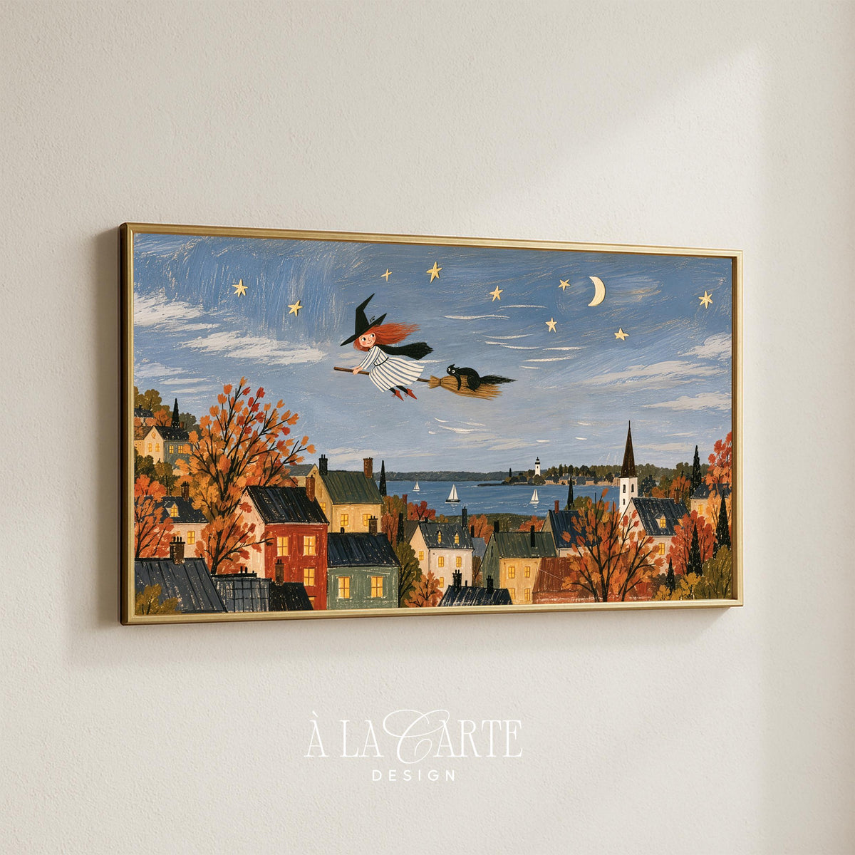 Enchanted autumn Frame TV art for kids room — charming folk-inspired digital art showing witch, feline companion, and whimsical seaside town