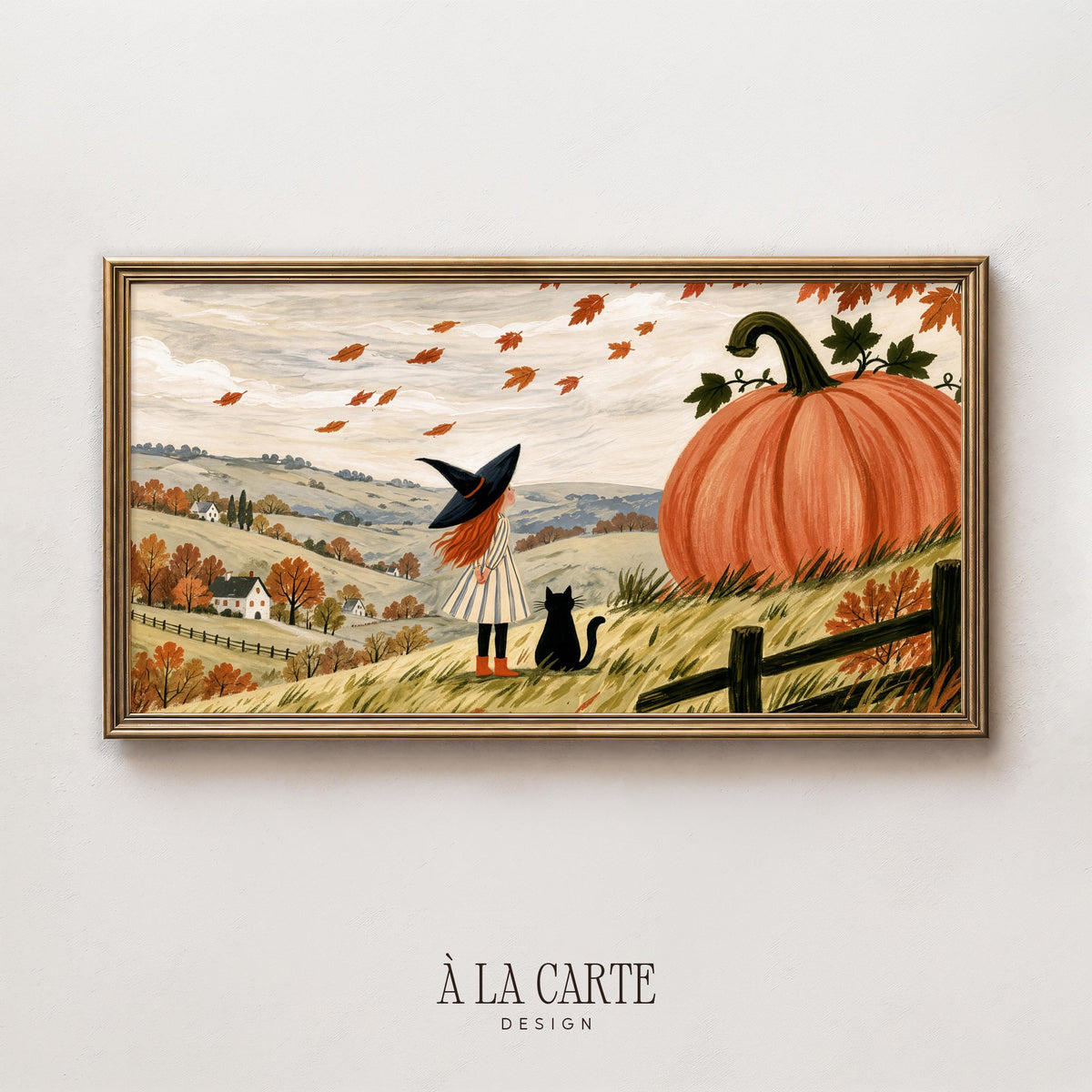 Whimsical autumn harvest Samsung 65 art TV — witch girl, black cat, and giant pumpkin framed TV art with muted tones, distant trees, and golden grass