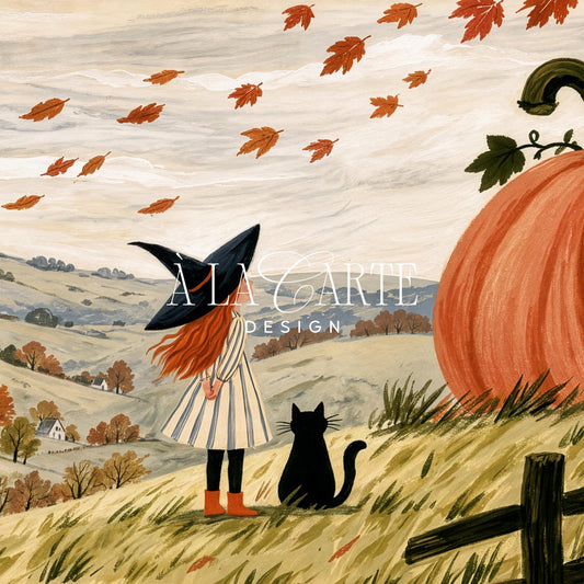 Cute witch character and black cat artwork television — fall Frame TV art download with soft brushstrokes, distant farmhouses, and autumn foliage mood