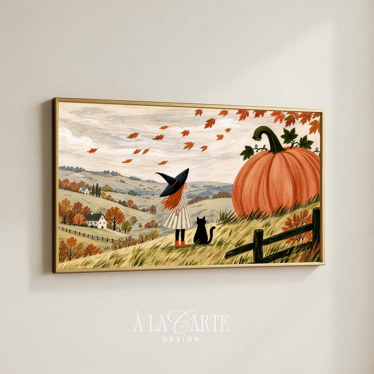 Young sorceress and feline companion by oversized gourd TV art for living room — whimsical fall Frame TV art with vintage color palette and farmhouse charm