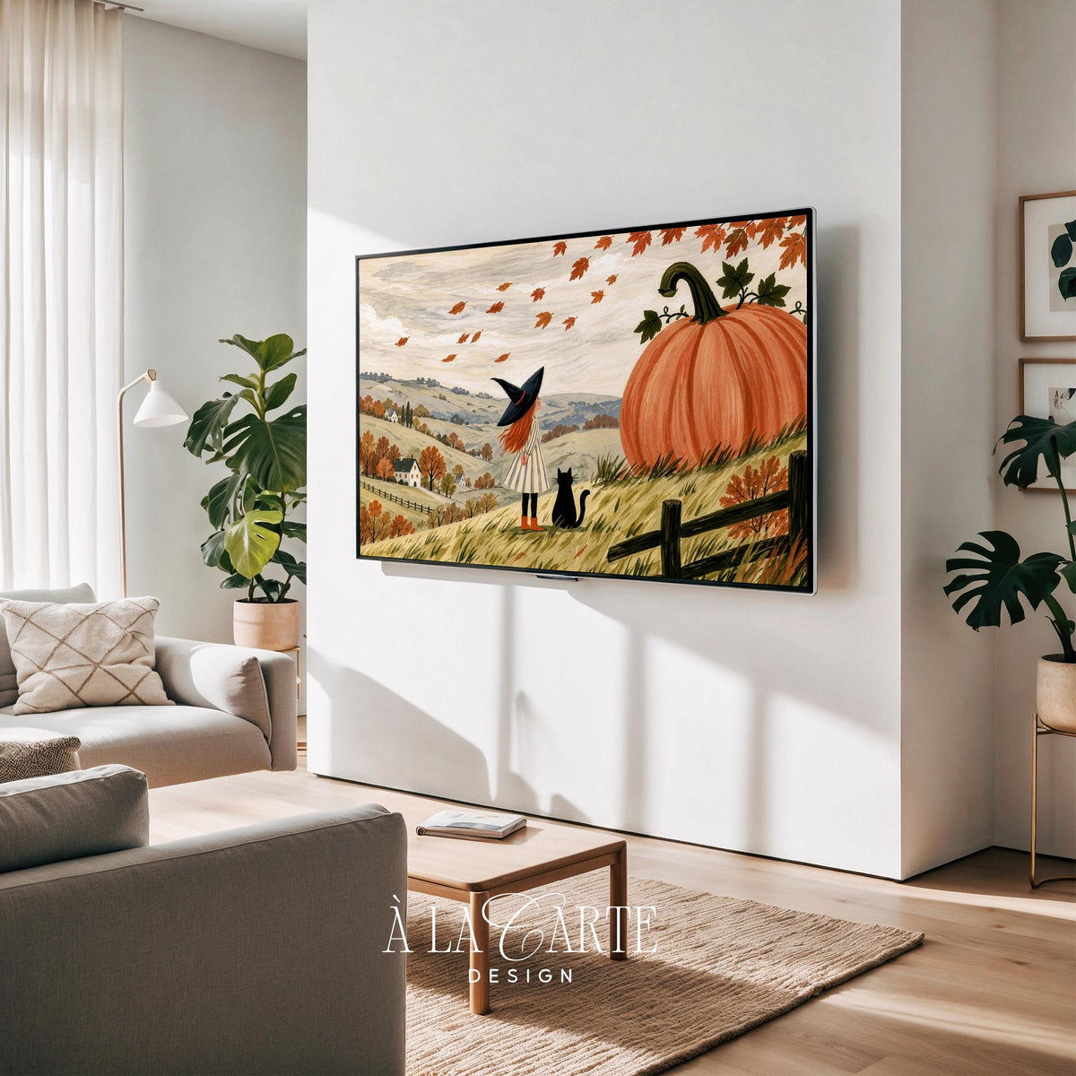 Halloween frame TV art depicting child witch in pumpkin patch — screen art for family spaces with storybook aesthetic and golden meadow landscape