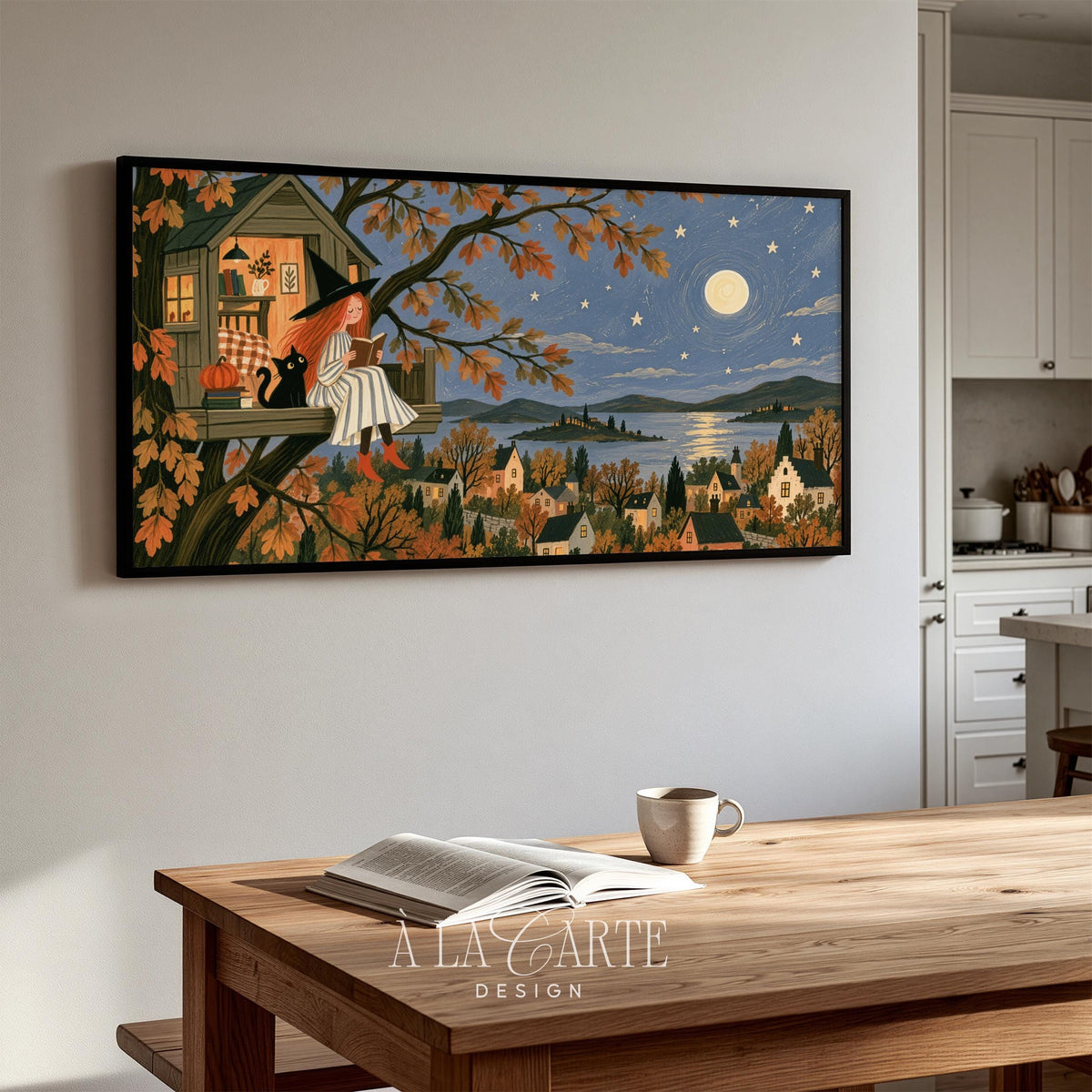 Festive screen art with spooky-season charm featuring treehouse library, autumn palette, and glowing full moon for digital display