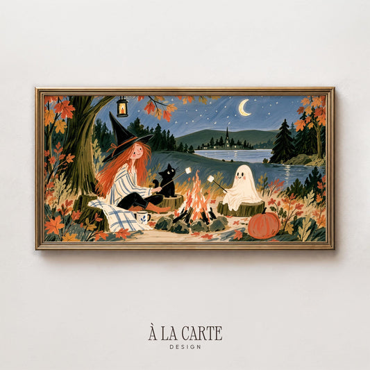 Fall Frame TV art for living room featuring red-haired witch gathered with black cat and spectral friend around glowing fire, vintage autumn aesthetic