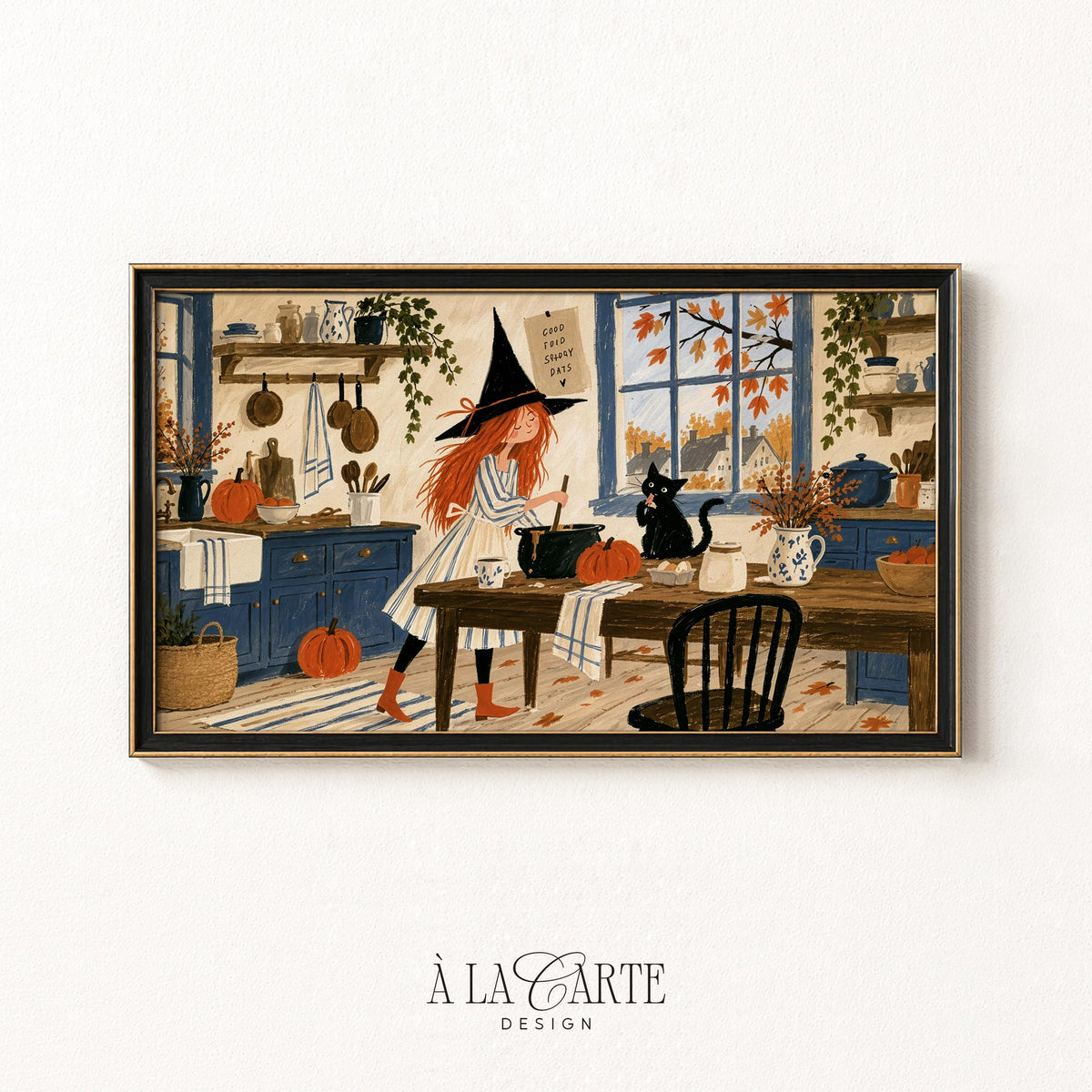 Rustic fall TV as painting collection — vintage-inspired folk art bundle featuring autumn village harbor, peaked buildings, and moody twilight atmosphere