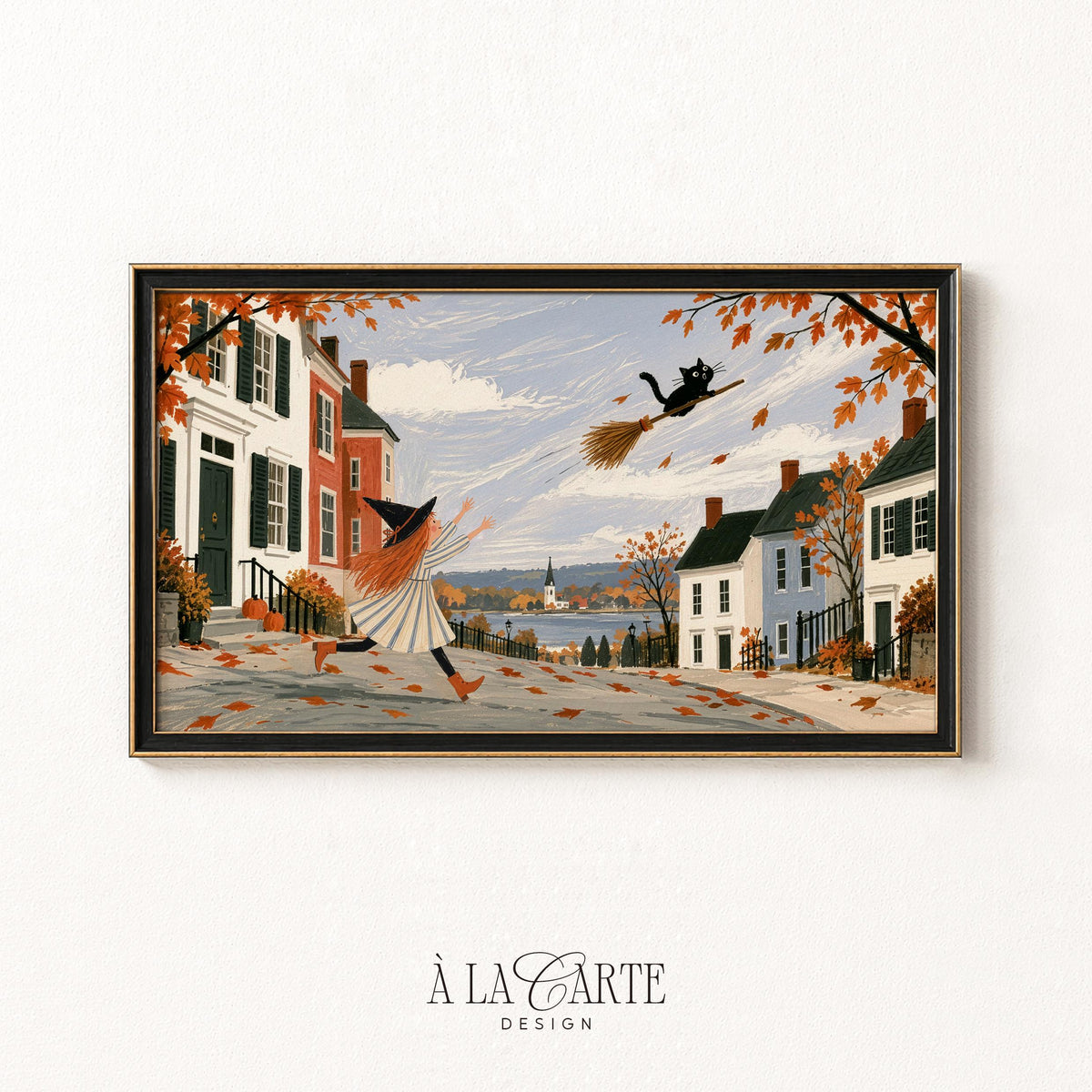 Kids friendly whimsical frame TV art collection — cozy village scene with flying witch, starry sky, and folkloric seaside landscape ideal for family display