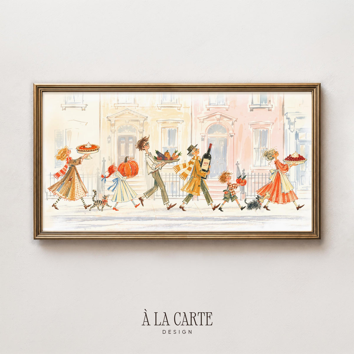Vintage autumn parade screen art — lg art frame TV with muted color palette, charming figures, and festive Thanksgiving theme