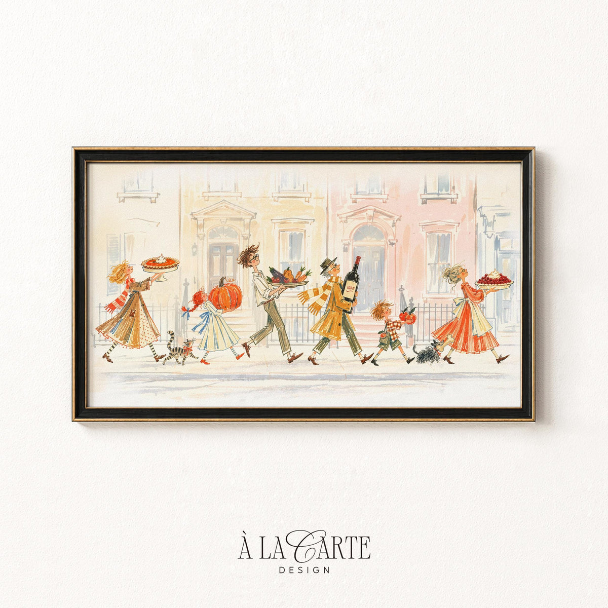 Cozy harvest procession artwork television — Frame TV art for living room displaying loose watercolor-style illustration with dogs and seasonal bounty