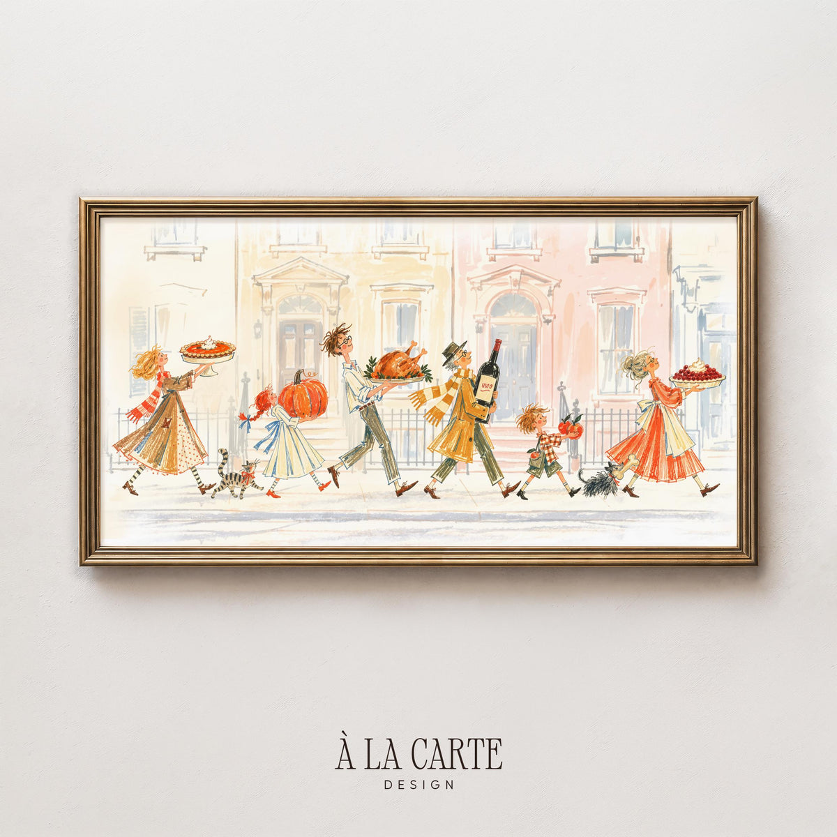 Vintage townhouse scene TV art for kitchen — watercolor illustration of festive feast carriers with playful pets