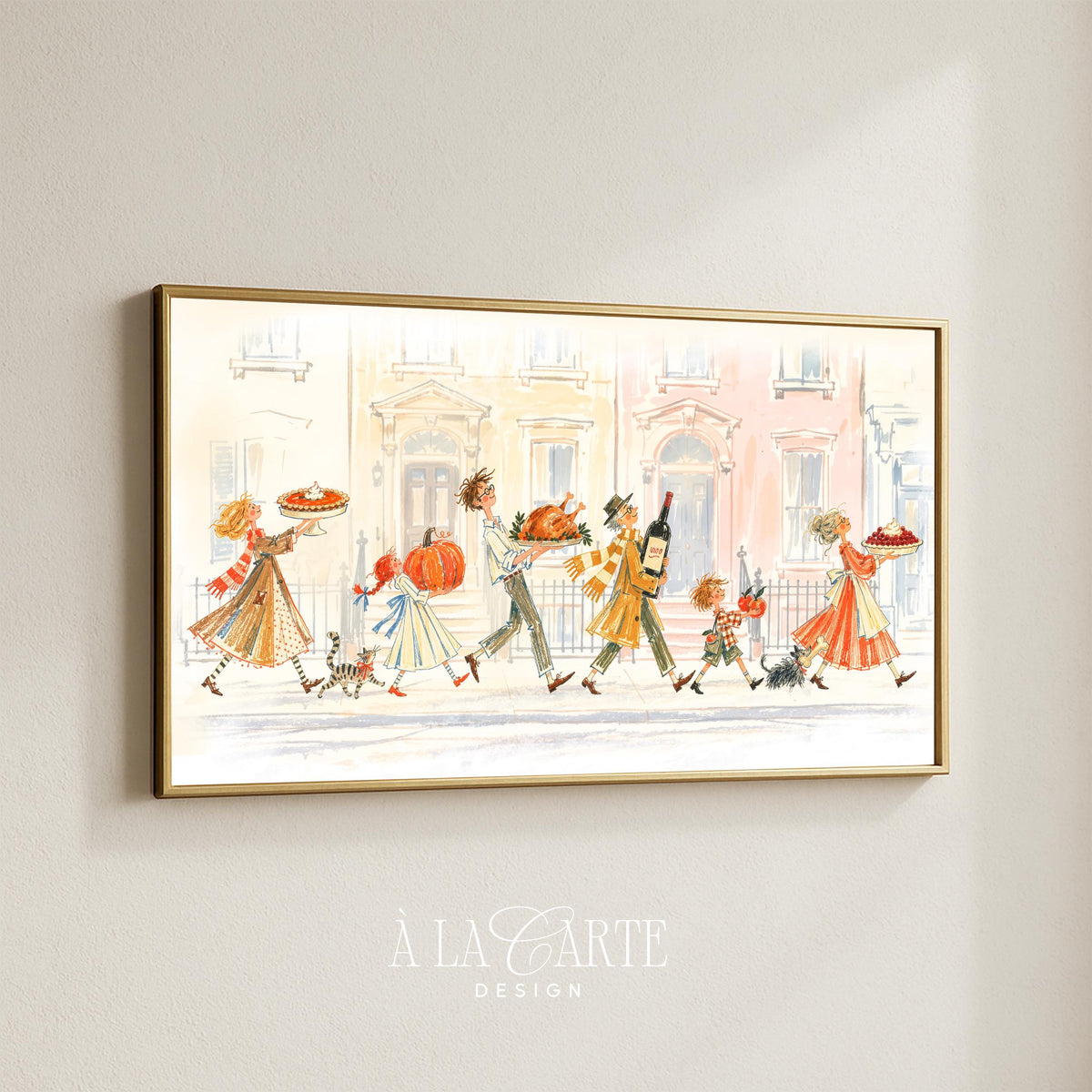 Fall frame TV art featuring cozy neighborhood scene — delightful ink and watercolor Thanksgiving display with seasonal companions