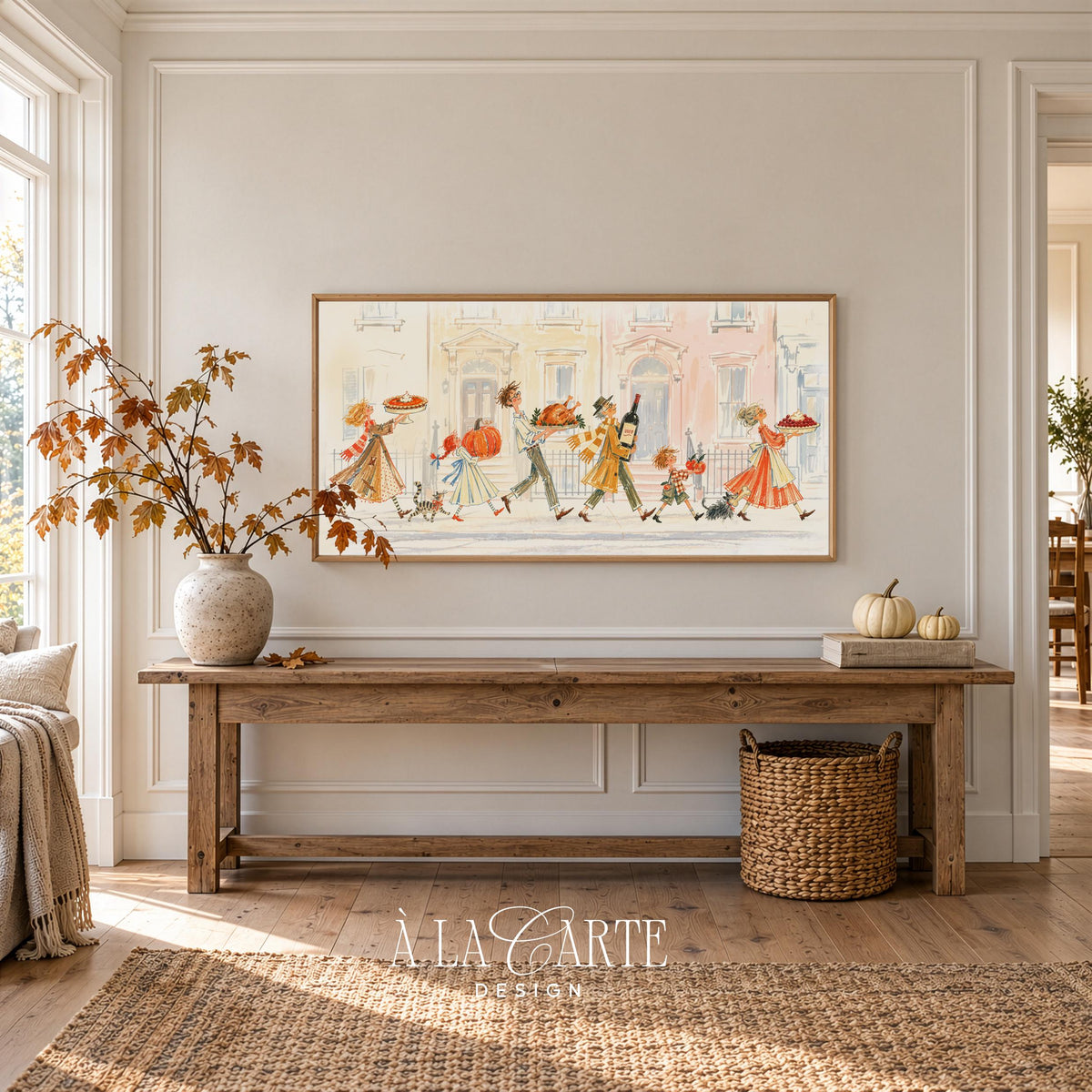 Vintage harvest procession digital TV art — charming watercolor scene of autumn celebration with pumpkins and playful animals