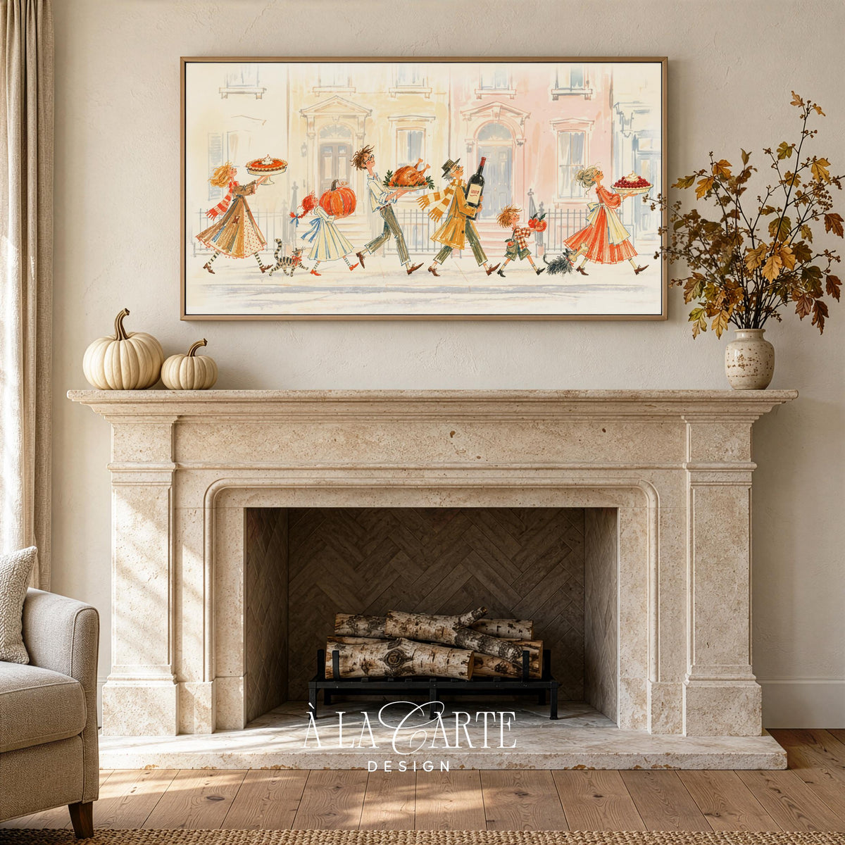 Whimsical seasonal gathering artwork television — soft pastel townhouses and cheerful feast carriers for your Samsung 65 art TV