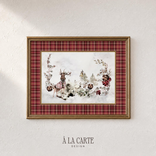 Antlered buck wall art printable — rustic winter scene with pinecones and foliage in French country style