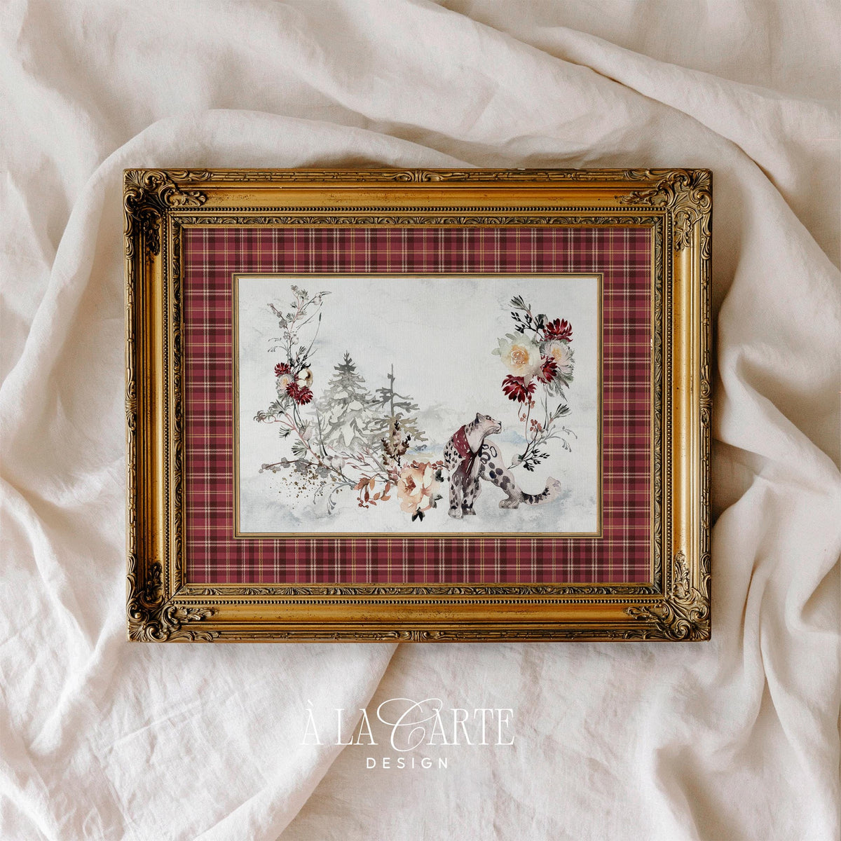 Leopard surrounded by winter botanicals wall art for cabin — vintage-inspired illustration with sage greenery and burgundy accents