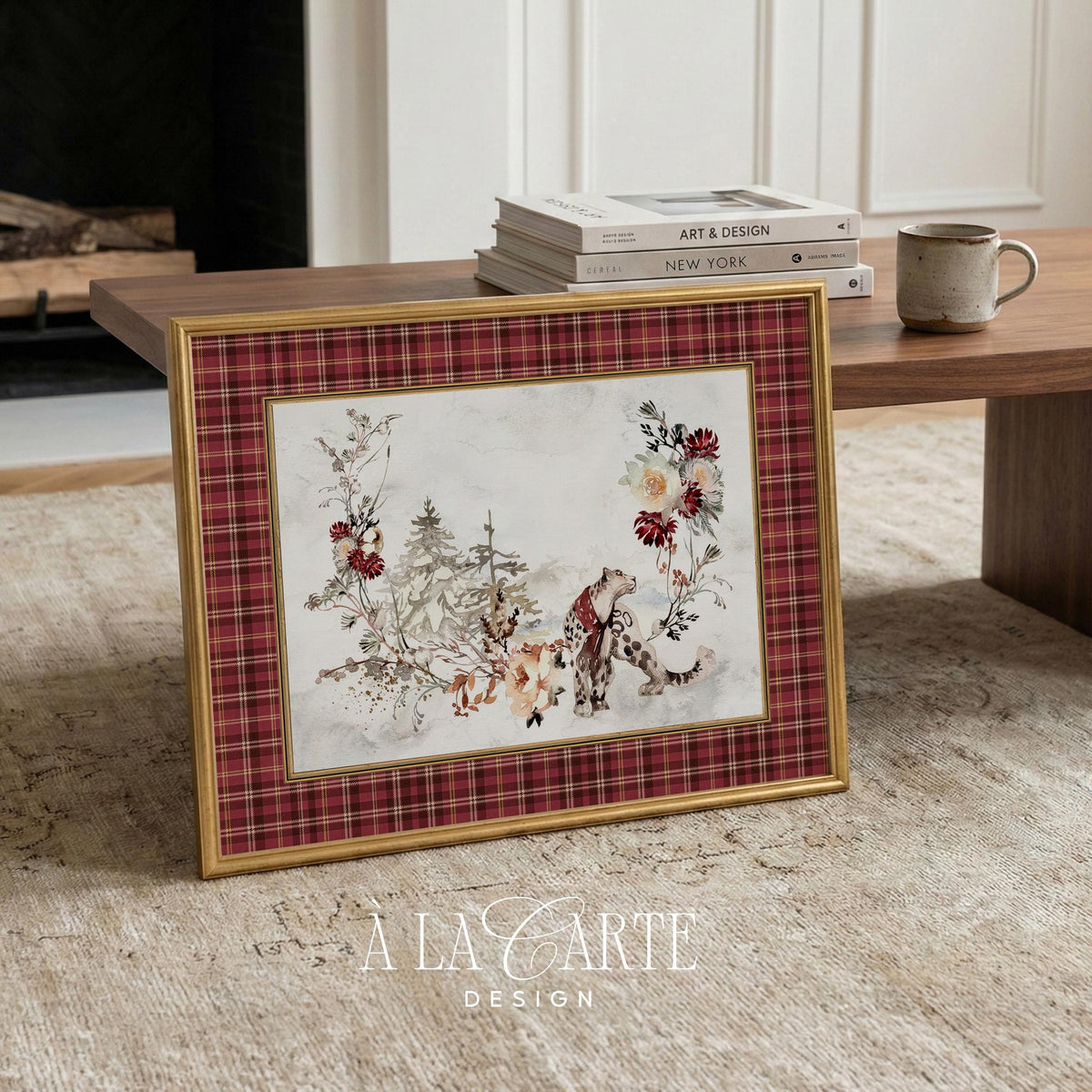 Leopard amid festive greenery digital download for den — loose botanical print with muted jewel tones and rustic plaid border