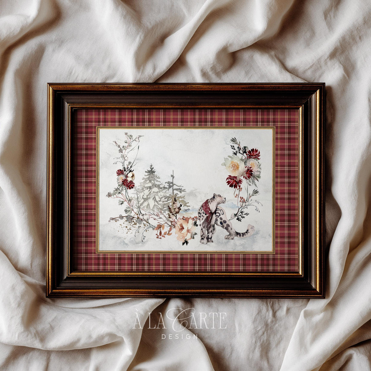 Winter wildlife art printable for cottage aesthetic — soft-focus watercolor featuring spotted cat, blush flowers, and vintage charm
