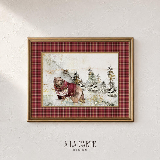 Forest animal poster for nursery featuring bear with plaid accents — soft watercolor holiday charm