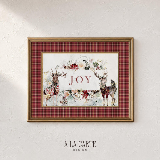 Stag and blooms artwork printable for bedroom — rustic holiday picture with antique color palette and whimsical cape detail