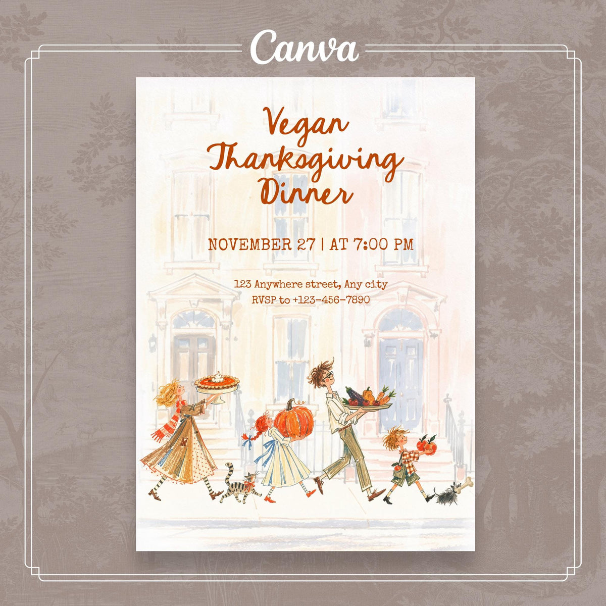 Editable Vegan Thanksgiving Dinner Whimsical Invitation | Storybook Illustration Digital Printable Invite CANVA Template