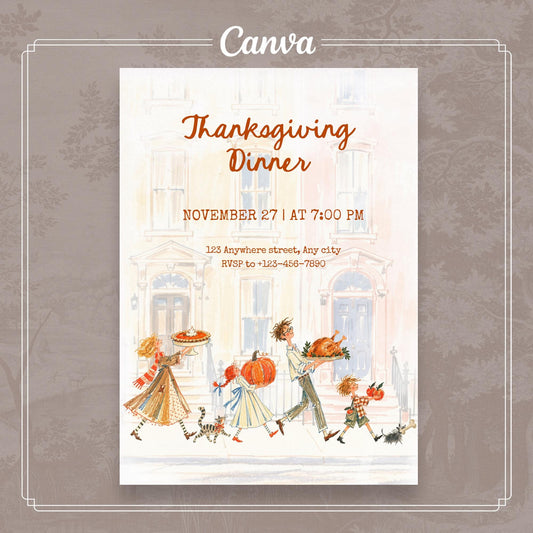 Editable Whimsical Thanksgiving Dinner Invitation | Storybook Illustration Digital Printable Invite CANVA Template