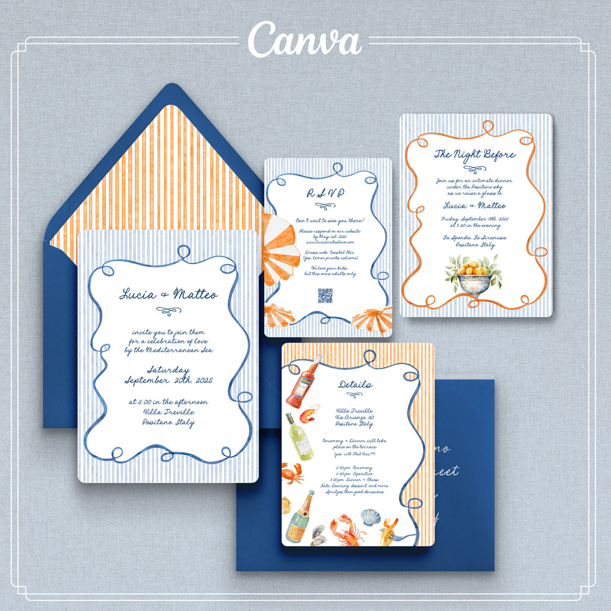 Set of whimsical hand drawn wedding invitations Amalficore with envelopes. editable Canva template