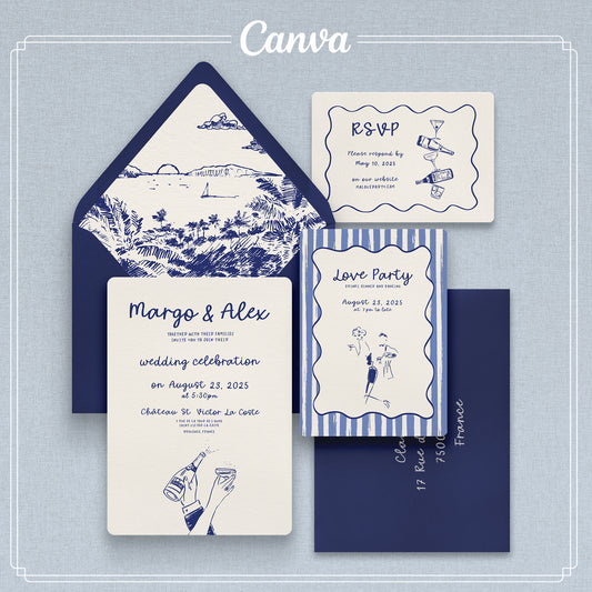 Playful French wedding invitation suite with navy and orange design elements. Editable Canva template