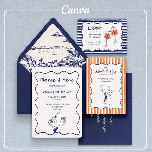 Riviera Cocktails | Whimsical Wedding Invitation Suite | Editable Canva Template