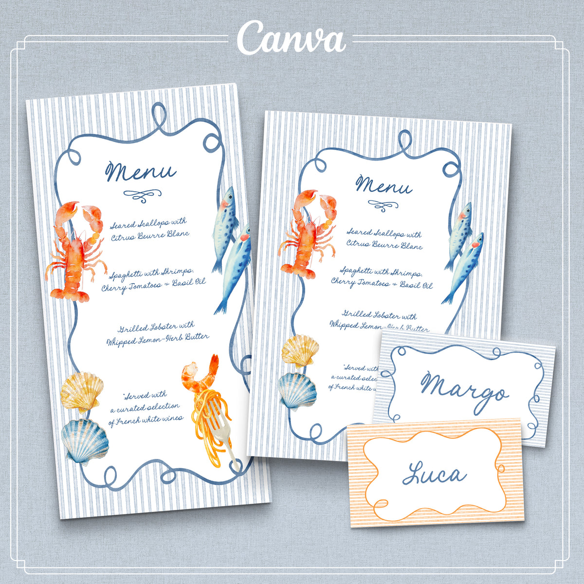 Whimsical Menu and place card design with seafood illustrations. Editable canva template