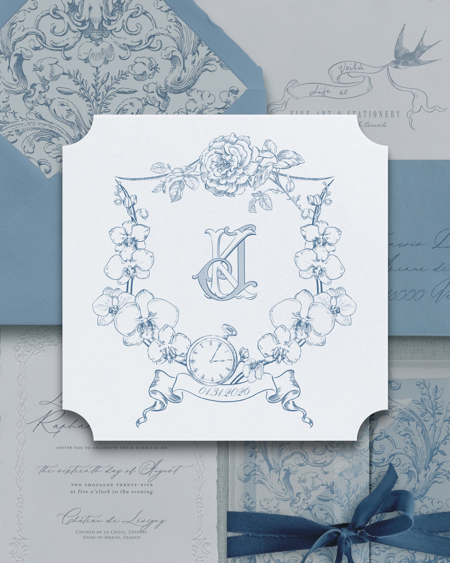 Hand Illustrated Crest with Monogram for Weddings and Ex Libris