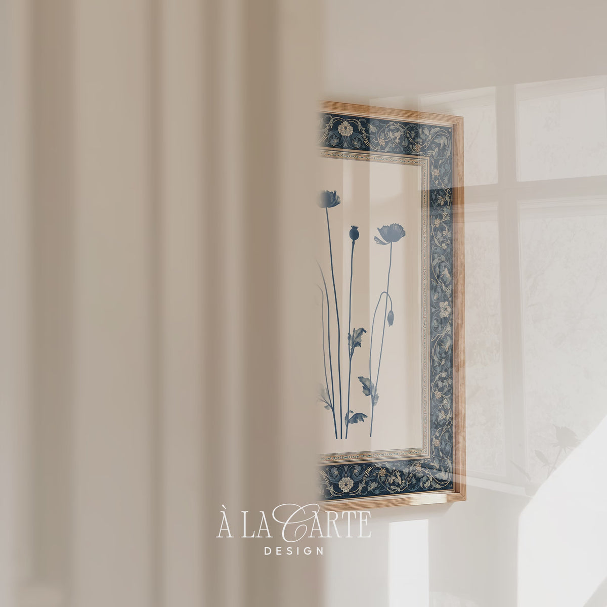 Printable wall art featuring a blue-gray botanical poppy illustration with seed pods and leaves, centered on a cream background with an ornate dark blue floral border.
