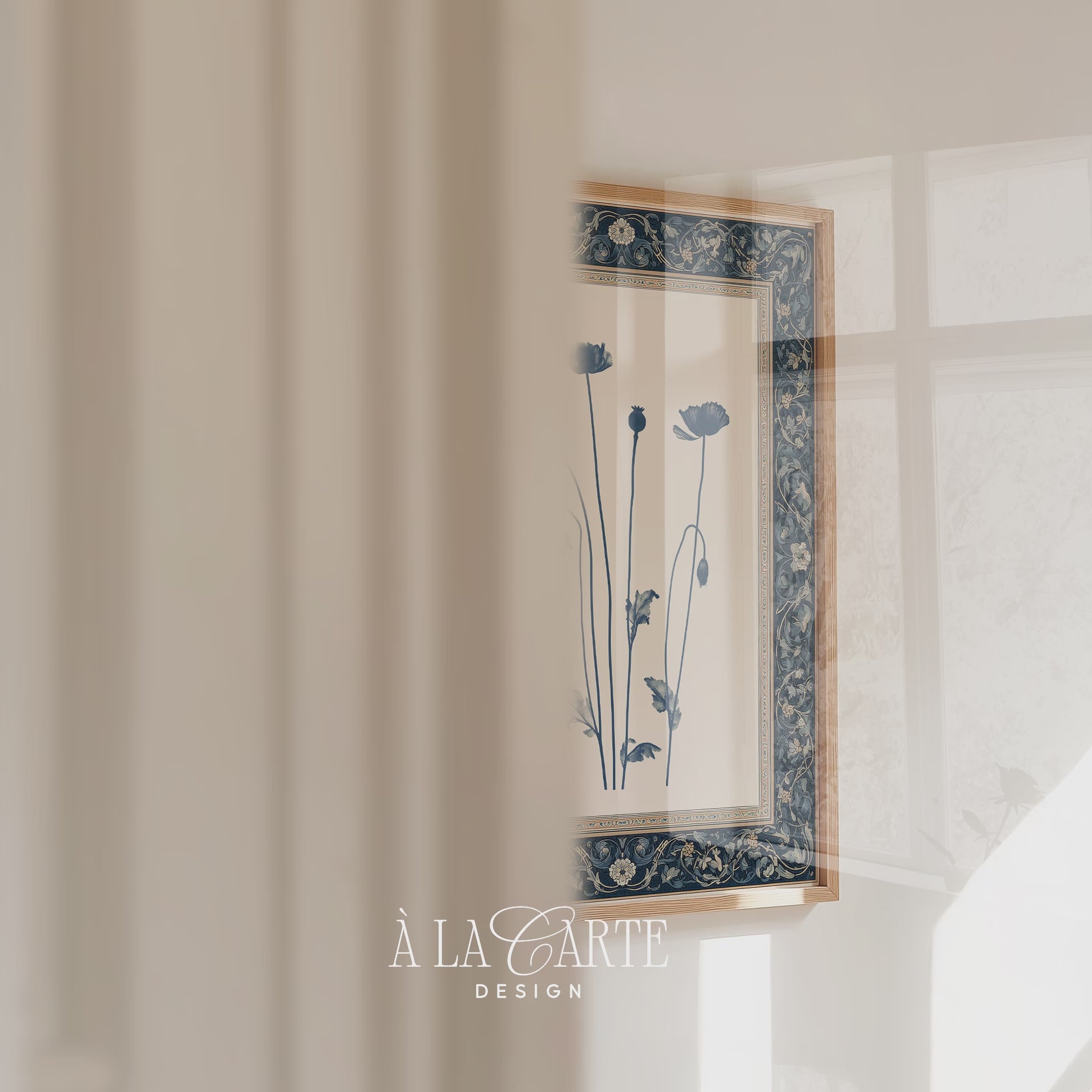 Printable wall art featuring a blue-gray botanical poppy illustration with seed pods and leaves, centered on a cream background with an ornate dark blue floral border.
