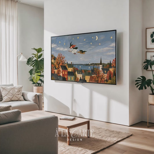 Video showcasing a whimsical Scandinavian folk art bundle of Halloween illustrations featuring a cute witch and black cat, friendly ghosts and autumn pumpkins, designed as Samsung TV art for The Frame TV.