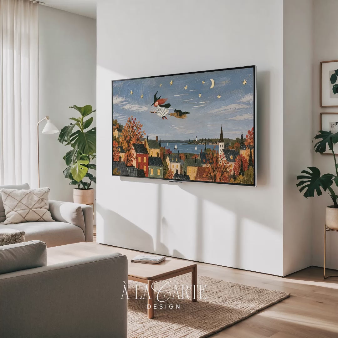 Video showcasing a whimsical Scandinavian folk art bundle of Halloween illustrations featuring a cute witch and black cat, friendly ghosts and autumn pumpkins, designed as Samsung TV art for The Frame TV.