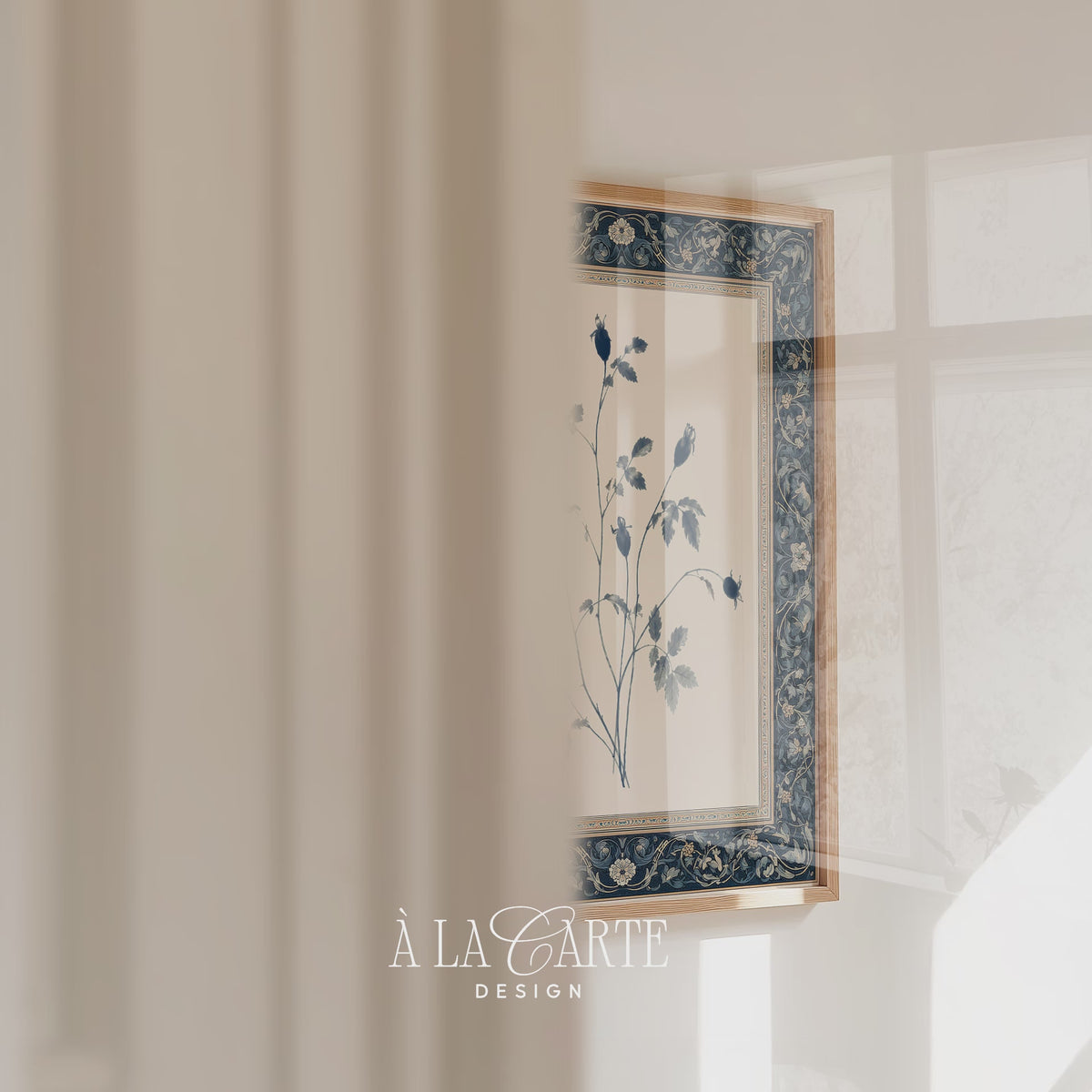 Printable wall art featuring a blue-gray botanical illustration with seed pods and leaves, centered on a cream background with an ornate dark blue floral border.
