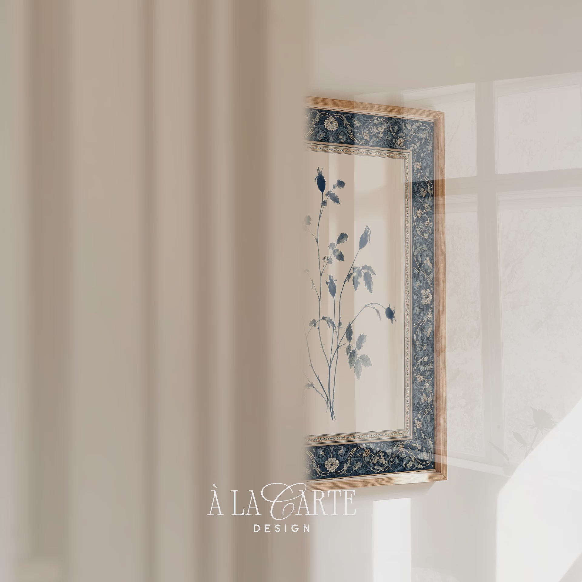 Printable wall art featuring a blue-gray botanical illustration with seed pods and leaves, centered on a cream background with an ornate dark blue floral border.
