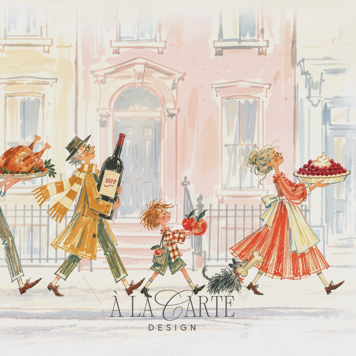 Whimsical Thanksgiving Samsung Frame TV art featuring a family carrying a pumpkin pie, a huge pumpkin, roast turkey, wine and apples along a pastel townhouse street, with a cat and dog, in a sketchy storybook style
