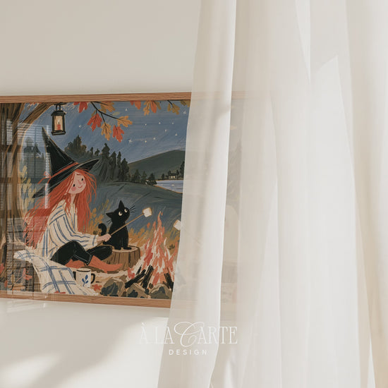 Whimsical Halloween art for a playroom or classroom featuring a cute girl witch, black cat, and friendly white ghost roasting marshmallows around a campfire beneath a crescent moon, with autumn trees, pumpkins, and a Nordic village landscape in Scandinavian folk art style.