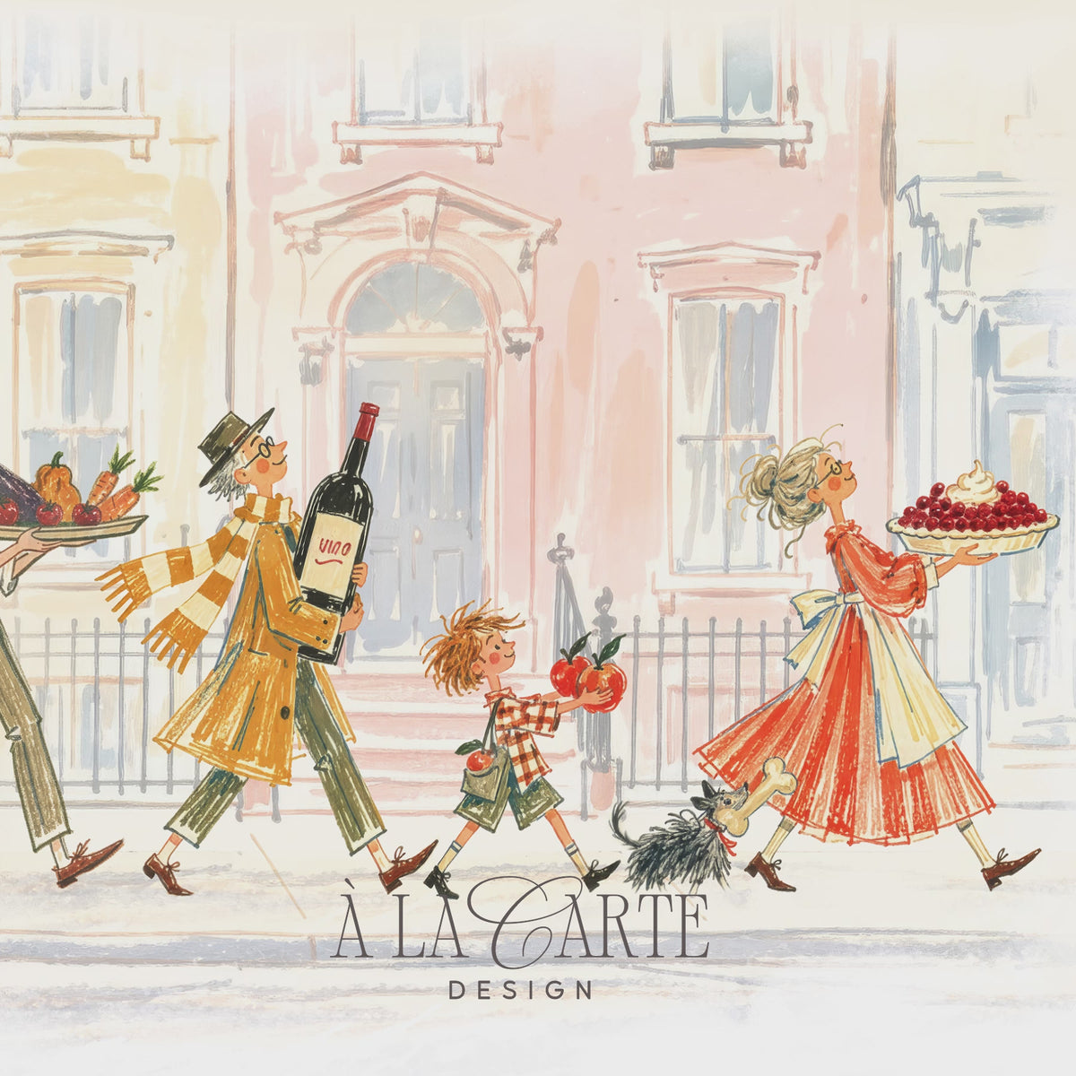 Whimsical VeganThanksgiving Samsung Frame TV art featuring a family carrying a pumpkin pie, a huge pumpkin, roast turkey, wine and apples along a pastel townhouse street, with a cat and dog, in a sketchy storybook style