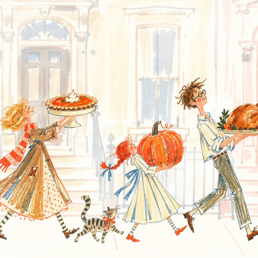 Editable Canva template for a Thanksgiving dinner invitation, with burnt orange lettering, pastel townhouses and hand-drawn figures carrying a pie, pumpkin, vegetables and apples, accompanied by a cat and dog.