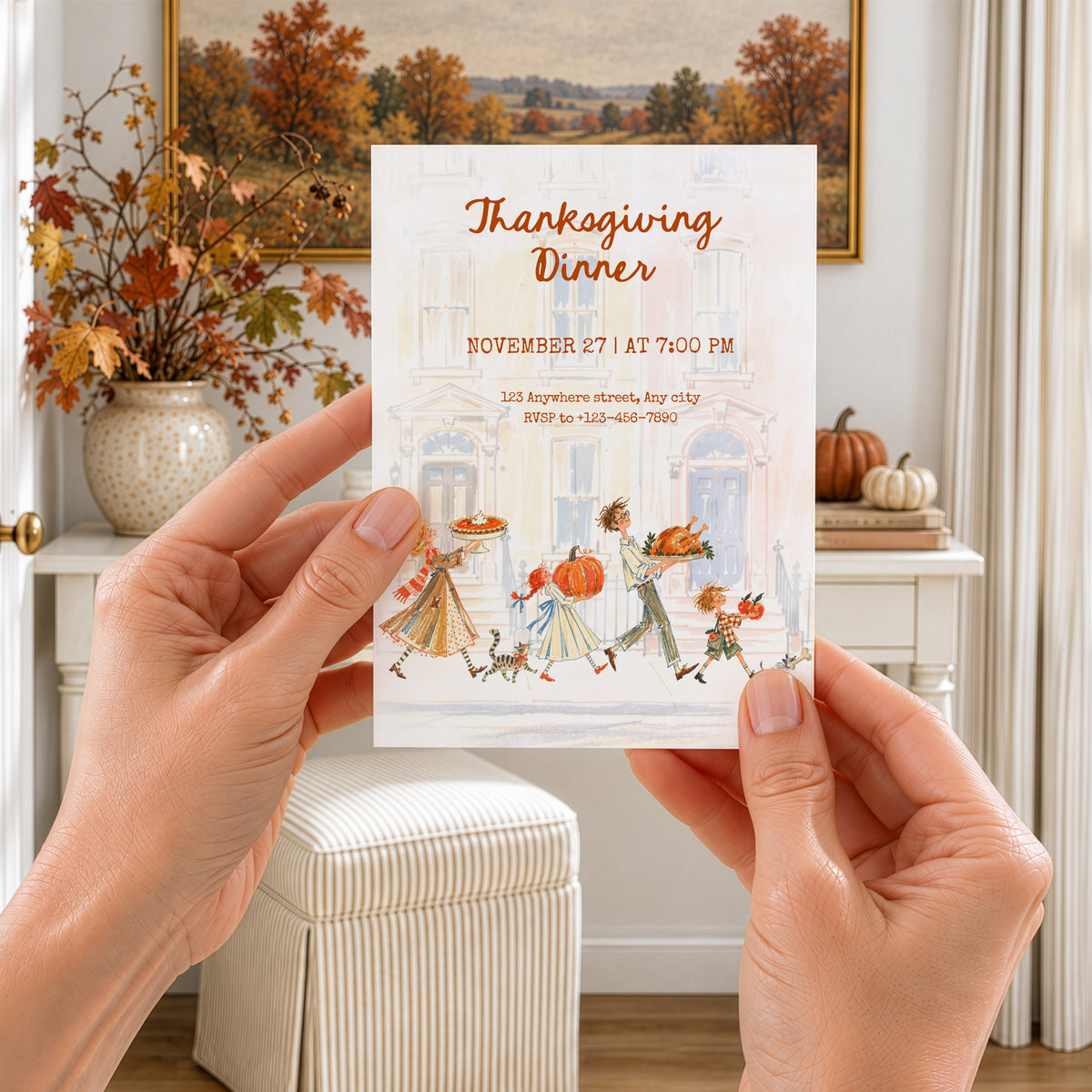 Editable Canva template for a Thanksgiving dinner invitation, with burnt orange lettering, pastel townhouses and hand-drawn figures carrying a pie, pumpkin, vegetables and apples, accompanied by a cat and dog.