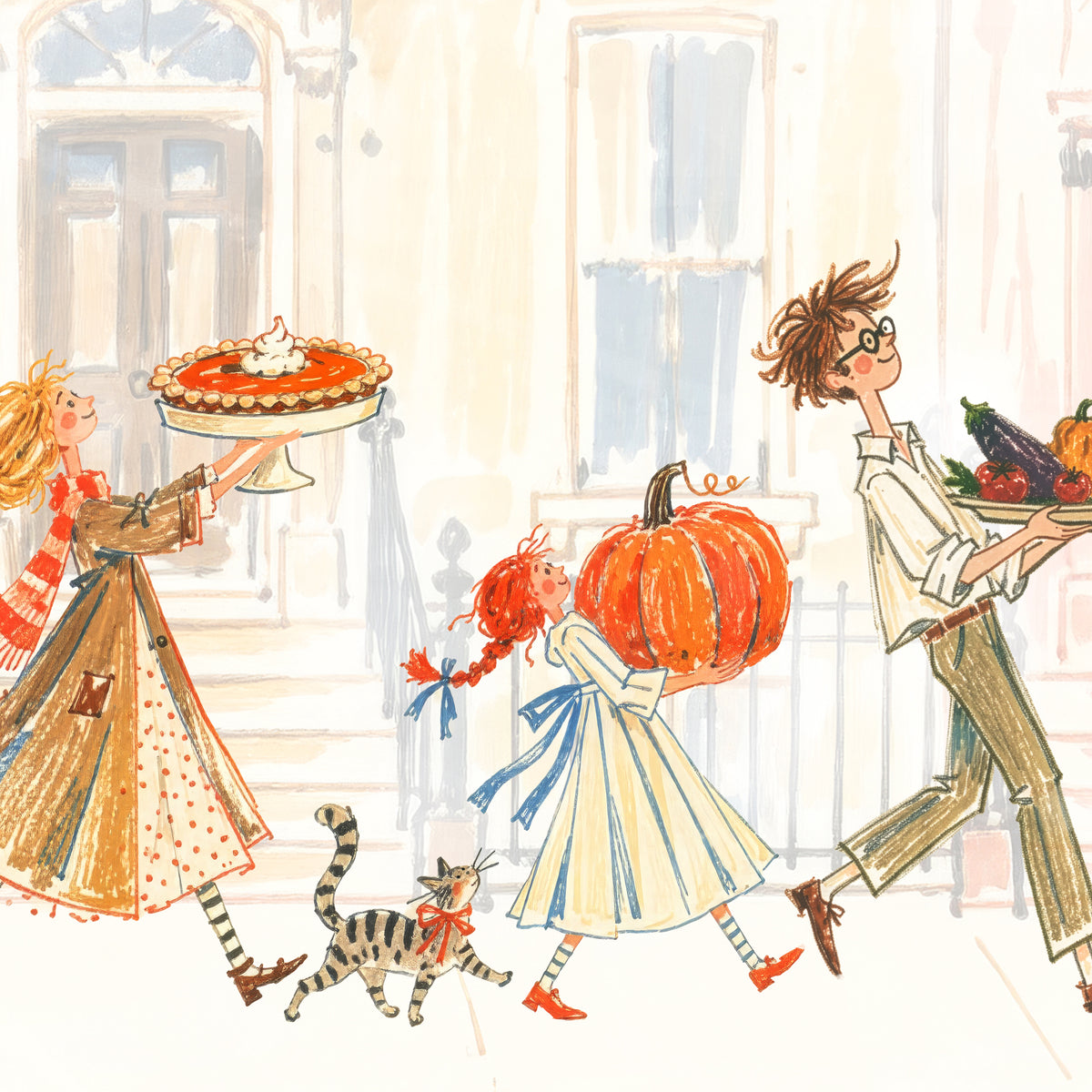 Editable Canva template for a vegan Thanksgiving dinner invitation, with burnt orange lettering, pastel townhouses and hand-drawn figures carrying a pie, pumpkin, vegetables and apples, accompanied by a cat and dog.