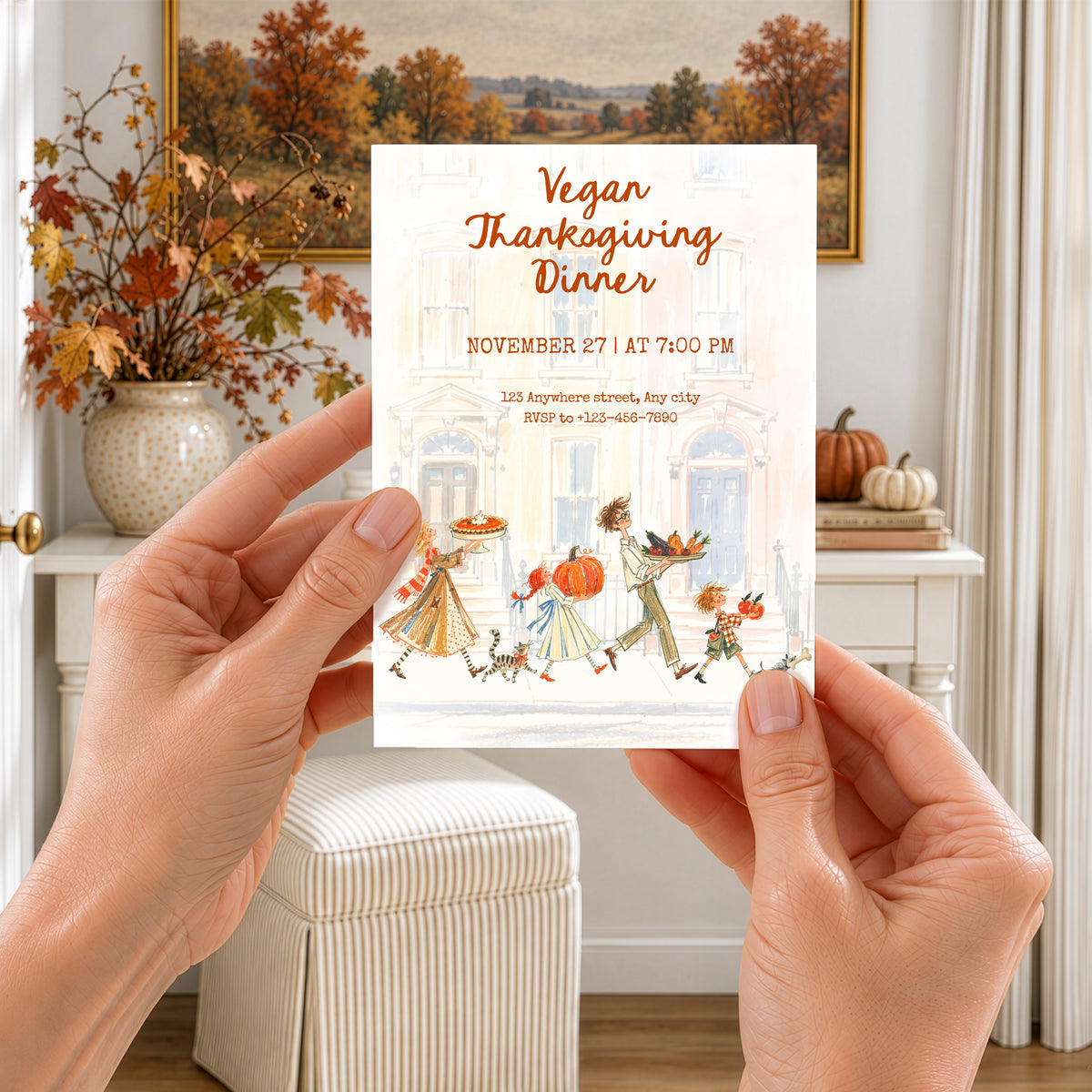 Editable Canva template for a vegan Thanksgiving dinner invitation, with burnt orange lettering, pastel townhouses and hand-drawn figures carrying a pie, pumpkin, vegetables and apples, accompanied by a cat and dog.