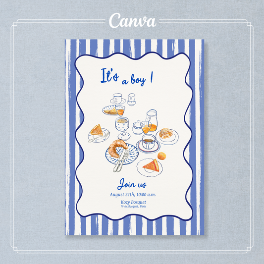 Baby shower invitation card with blue and white striped border and delicious French breakfast food illlustrations. Editable Canva template