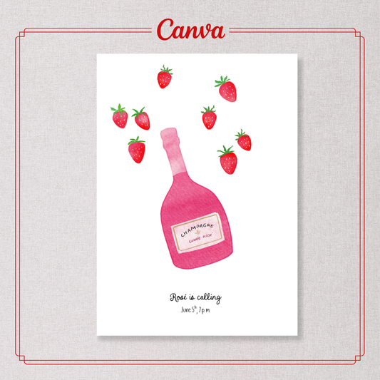 Printable Invitation for the champagne soiree featuring pink champagne bottle with strawberries on a white background, editable canva template