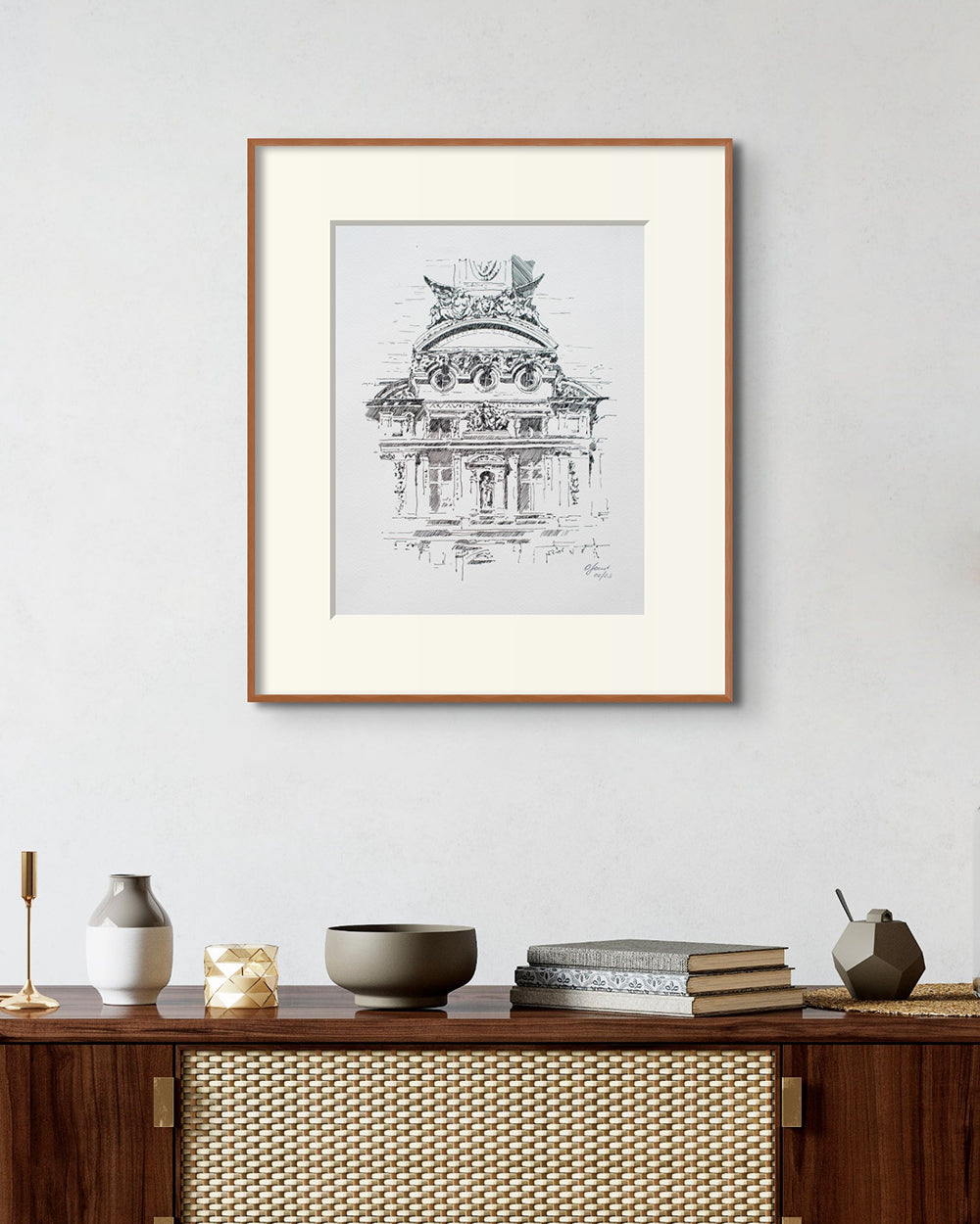 Facade of Louvre Black Ink Original Sketch