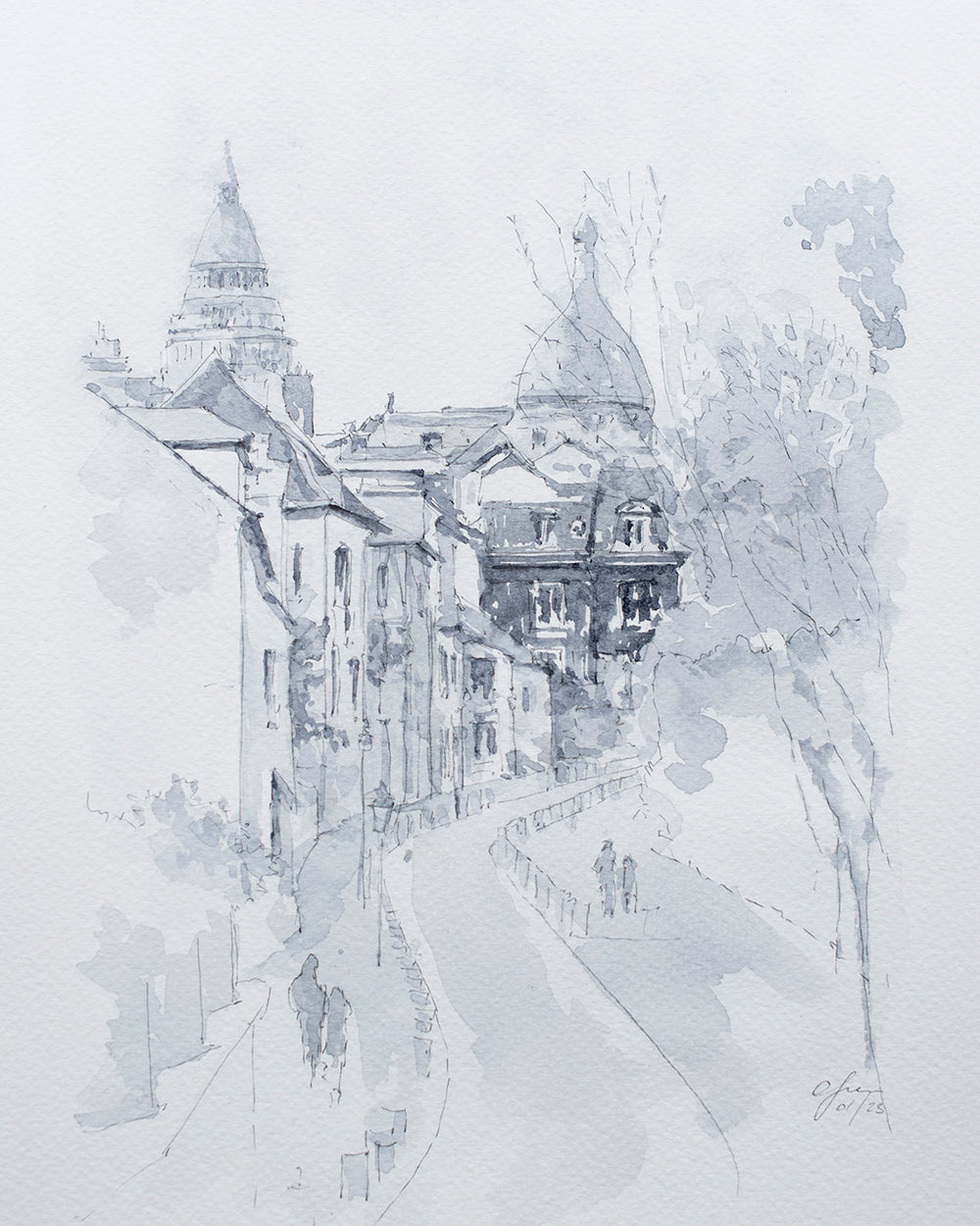 Rue de Montmartre Aquarelle Originale Monochrome