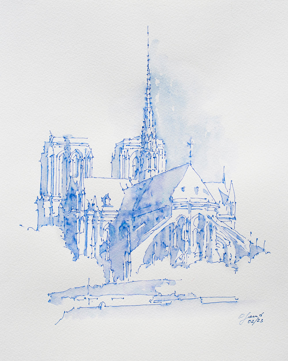 Notre-Dame de Paris Blue Watercolor and Ink Original Sketch