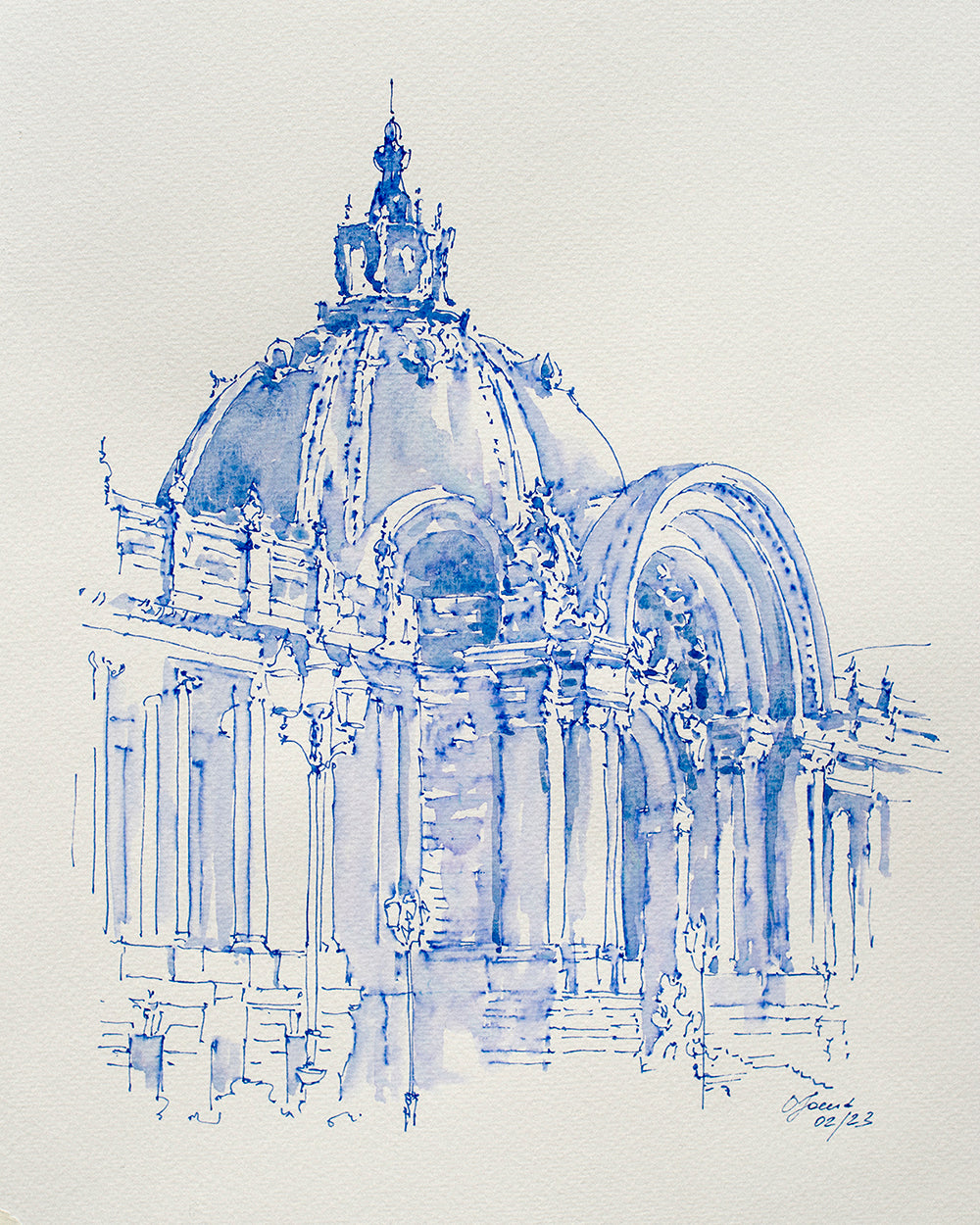 Petit Palais Blue Acquerello e inchiostro Bozzetto originale
