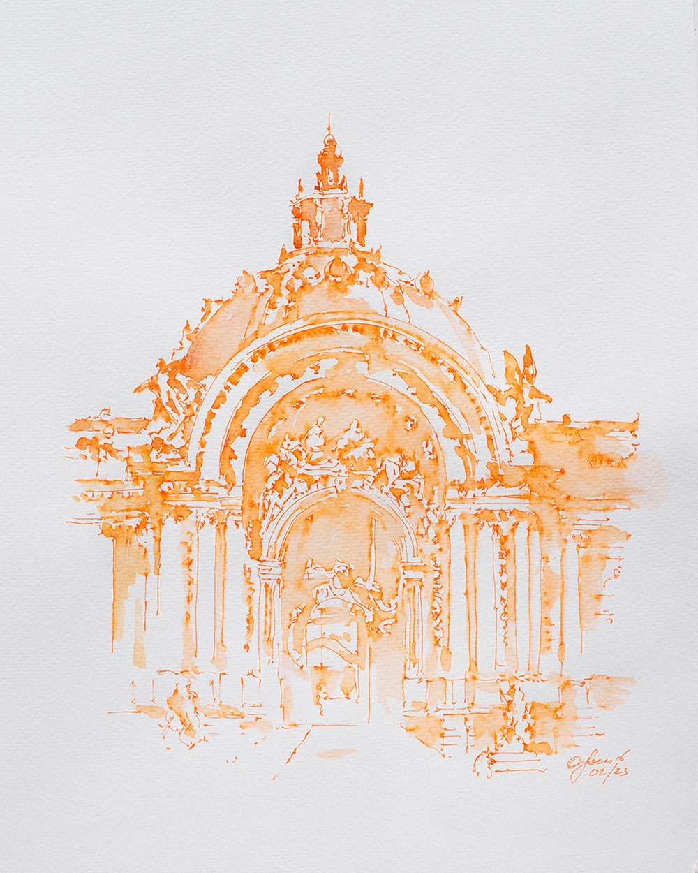 Petit Palais Orange Watercolor and Ink Original Sketch
